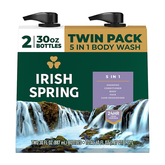 Irish Spring 5-in-1 Mens Body Wash, Pump, 2 pk./30oz.